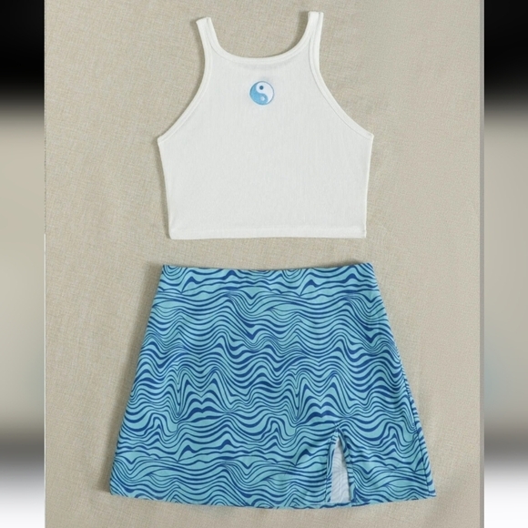 SHEIN Yin & Yang Embroidery Crop Tank & Wave Print Notched Hem Skirt Set Size S - Picture 4 of 13